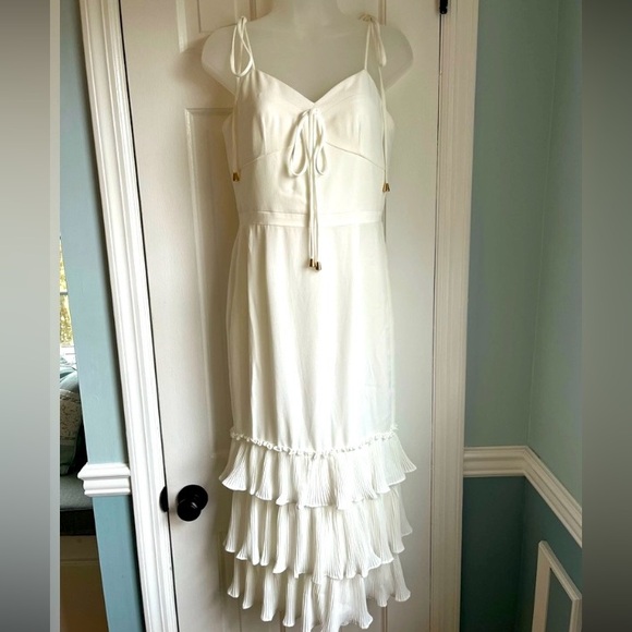 Elle Zeitoune - white tie strap midi ruffled kick-pleat party dress - Small - Picture 4 of 15